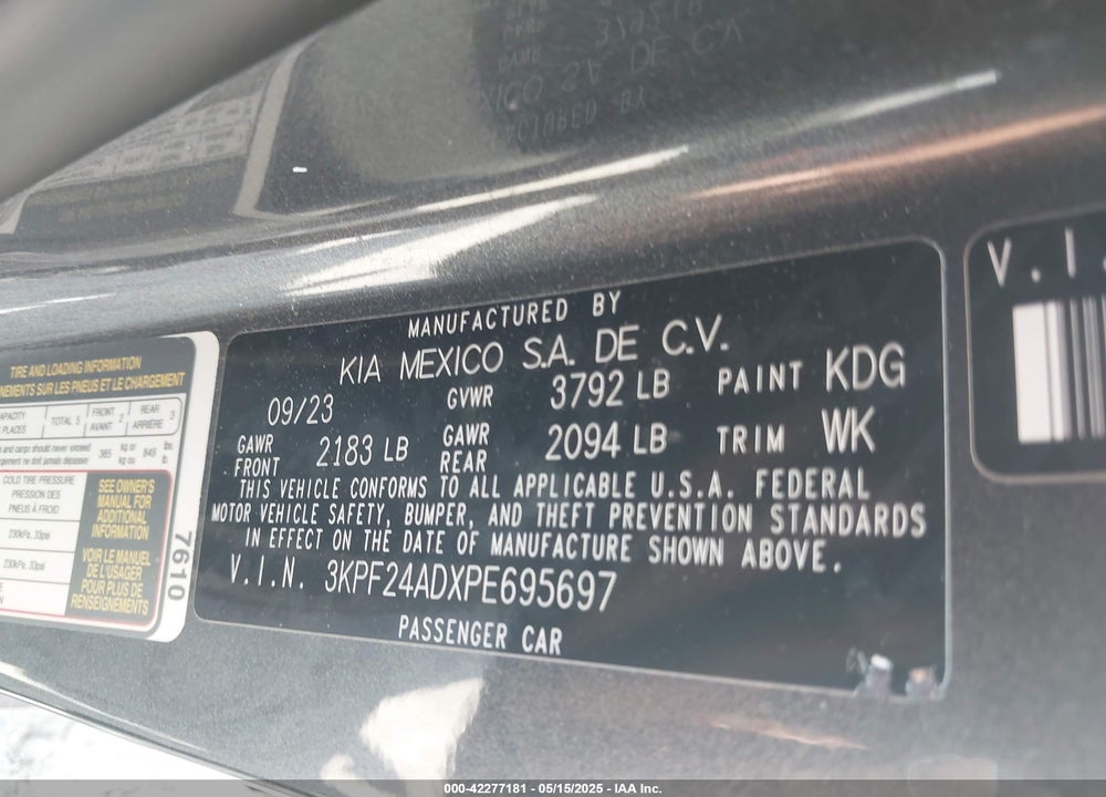2023 KIA FORTE VIN: 3KPF24ADXPE695697