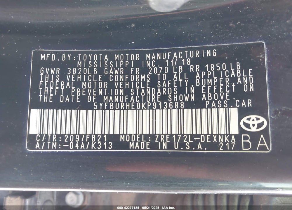 2019 TOYOTA COROLLA LE VIN: 5YFBURHE0KP913688