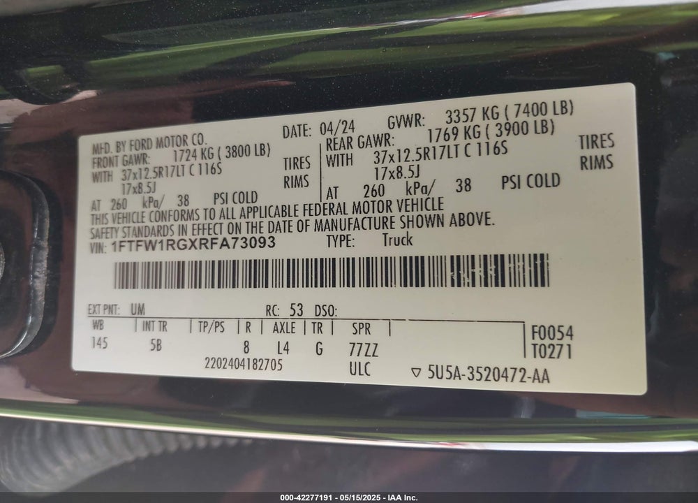 2024 FORD F-150 VIN: 1FTFW1RGXRFA73093