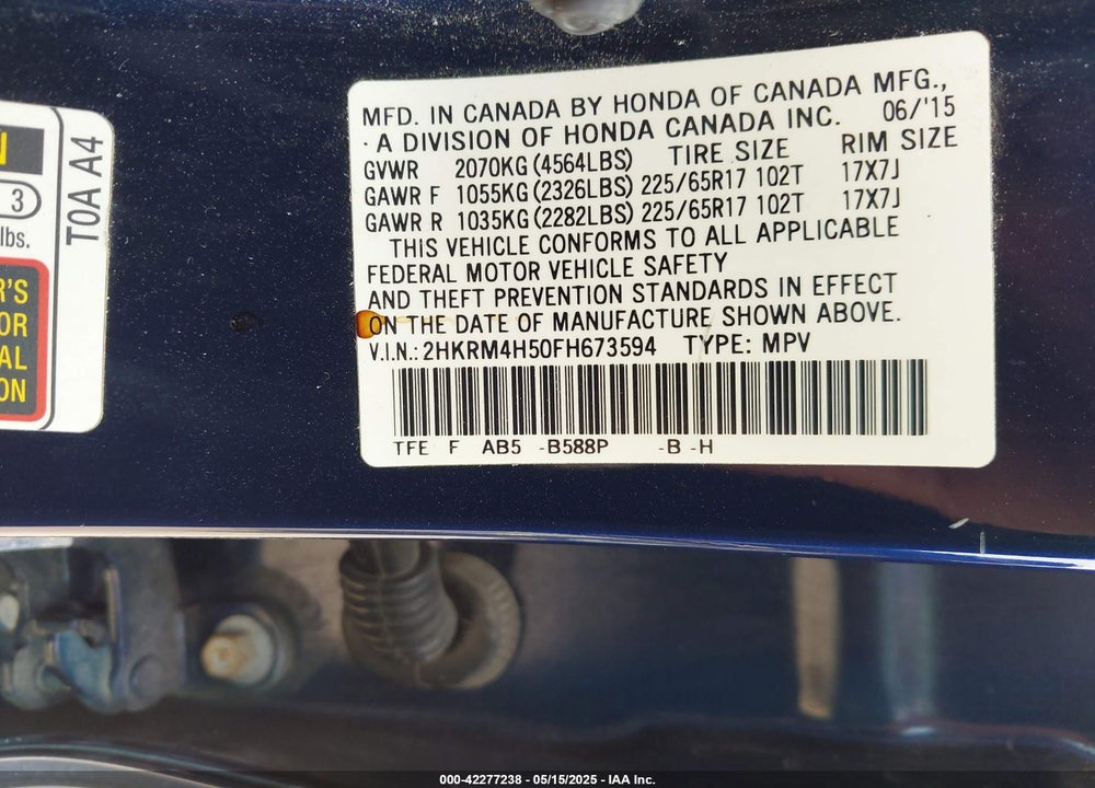 2015 HONDA CRV VIN: 2HKRM4H50FH673594