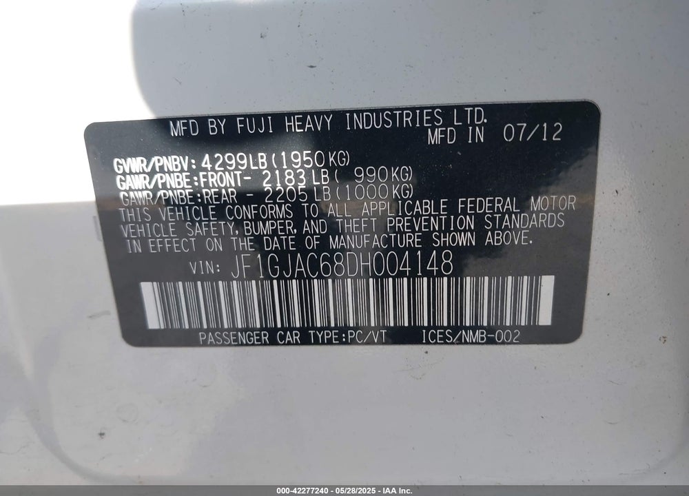 2013 SUBARU IMPREZA 2.0I PREMIUM VIN: JF1GJAC68DH004148