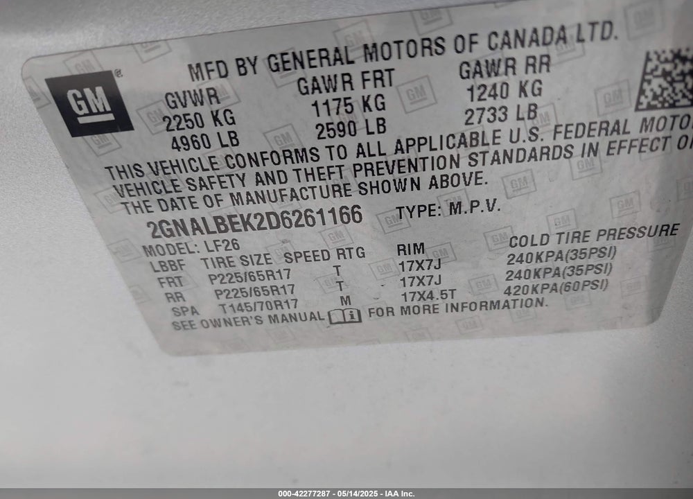 2013 CHEVROLET EQUINOX VIN: 2GNALBEK2D6261166