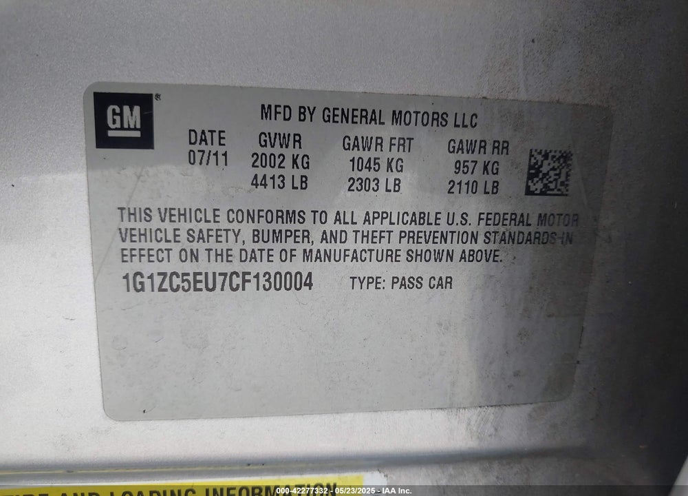 2012 CHEVROLET MALIBU 1LT VIN: 1G1ZC5EU7CF130004