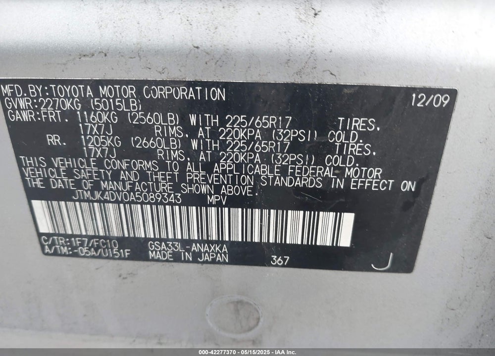 2010 TOYOTA RAV4 VIN: JTMJK4DV0A5089343