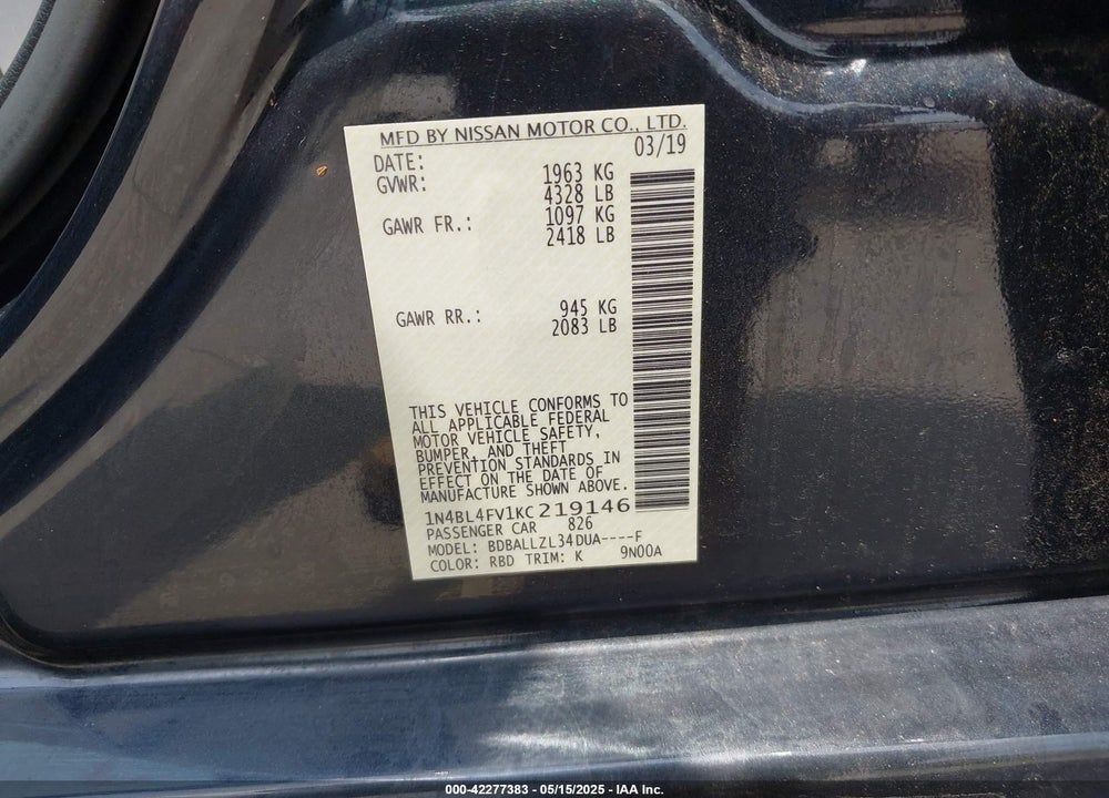 2019 NISSAN ALTIMA 2.5 PLATINUM VIN: 1N4BL4FV1KC219146