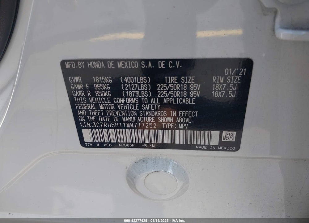2021 HONDA HR-V VIN: 3CZRU5H11MM717252