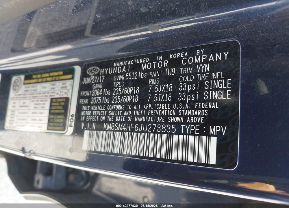 2018 HYUNDAI SANTA FE VIN: KM8SM4HF6JU273835