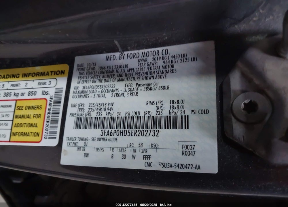 2014 FORD FUSION SE VIN: 3FA6P0HD5ER202732