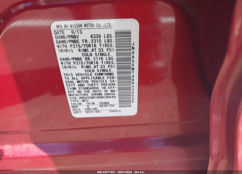 2013 NISSAN ROGUE VIN: JN8AS5MT4DW036846