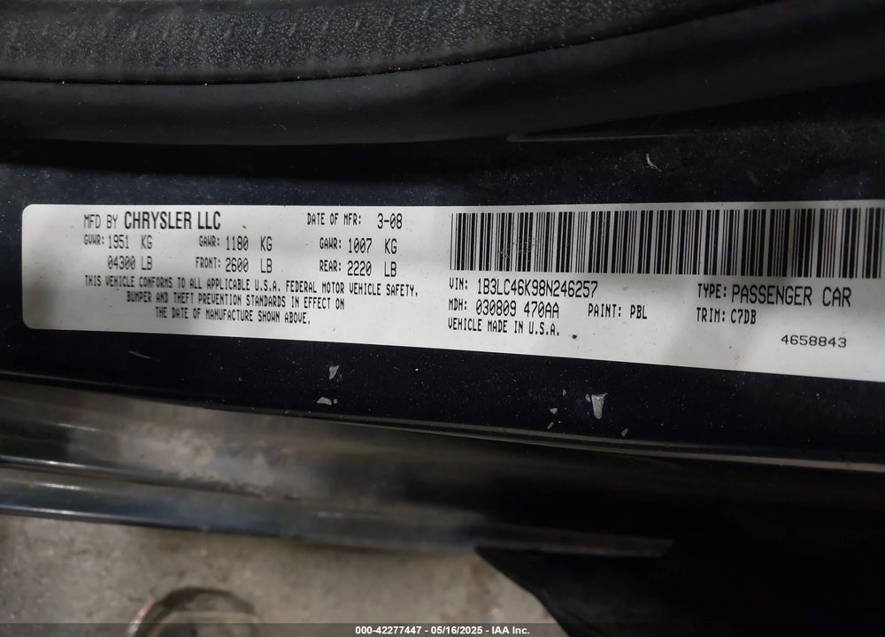2008 DODGE AVENGER VIN: 1B3LC46K98N246257