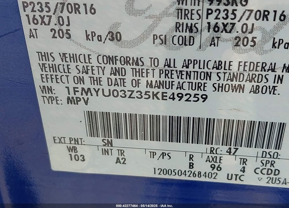 2005 FORD ESCAPE XLT VIN: 1FMYU03Z35KE49259
