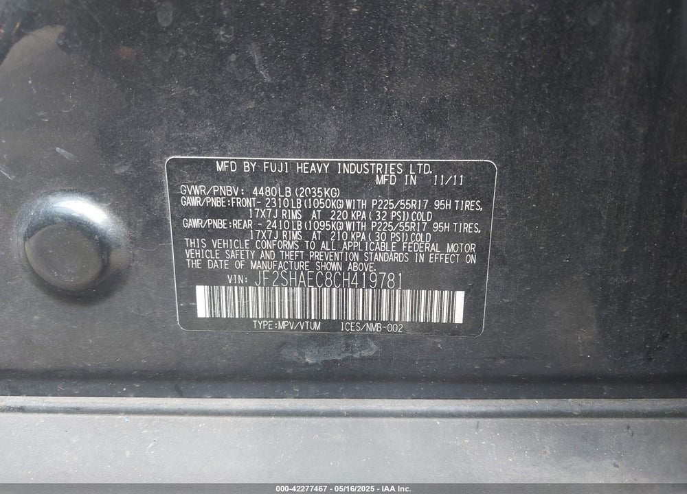 2012 SUBARU FORESTER 2.5X LIMITED VIN: JF2SHAEC8CH419781