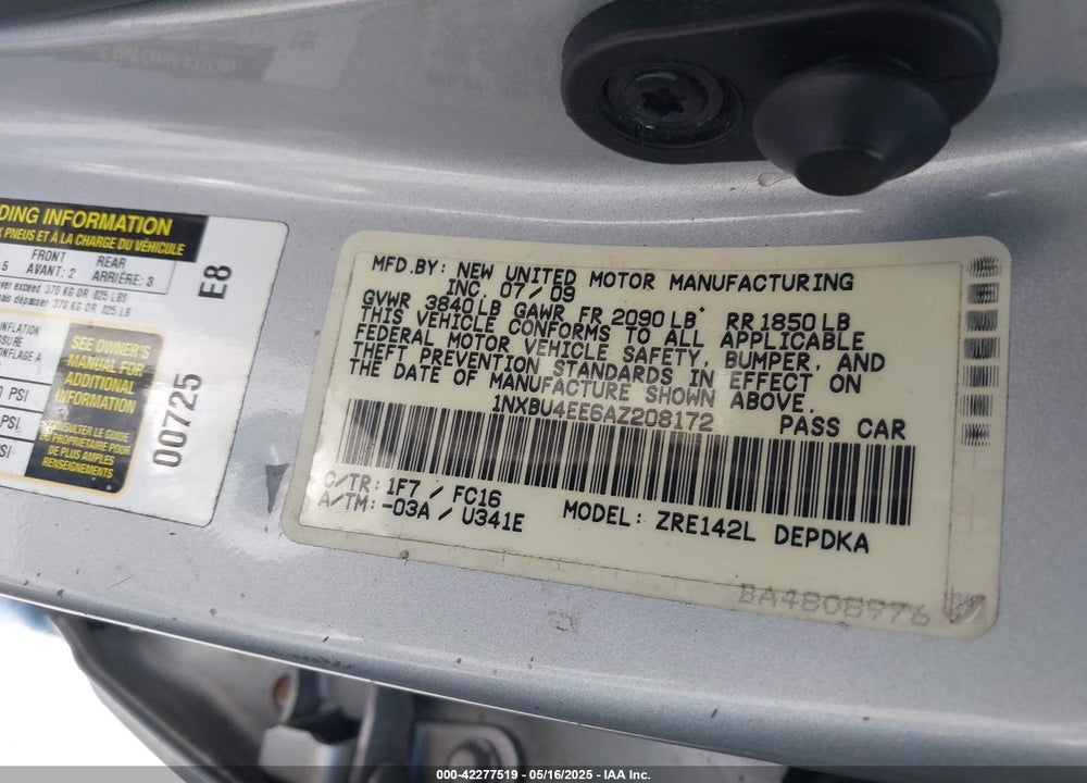 2010 TOYOTA COROLLA VIN: 1NXBU4EE6AZ208172