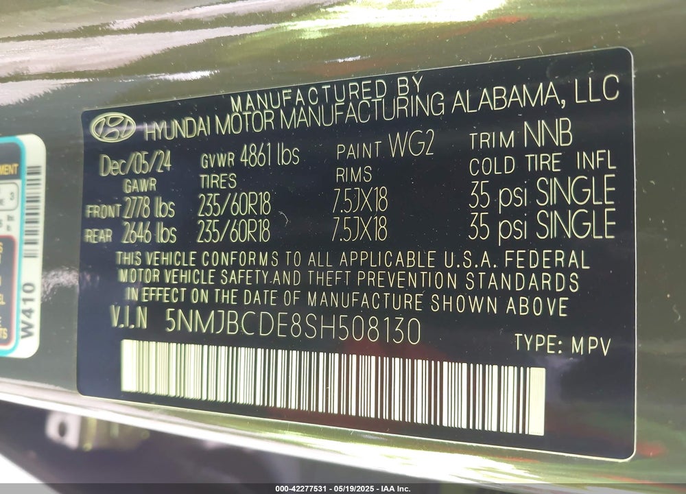 2025 HYUNDAI TUCSON VIN: 5NMJBCDE8SH508130