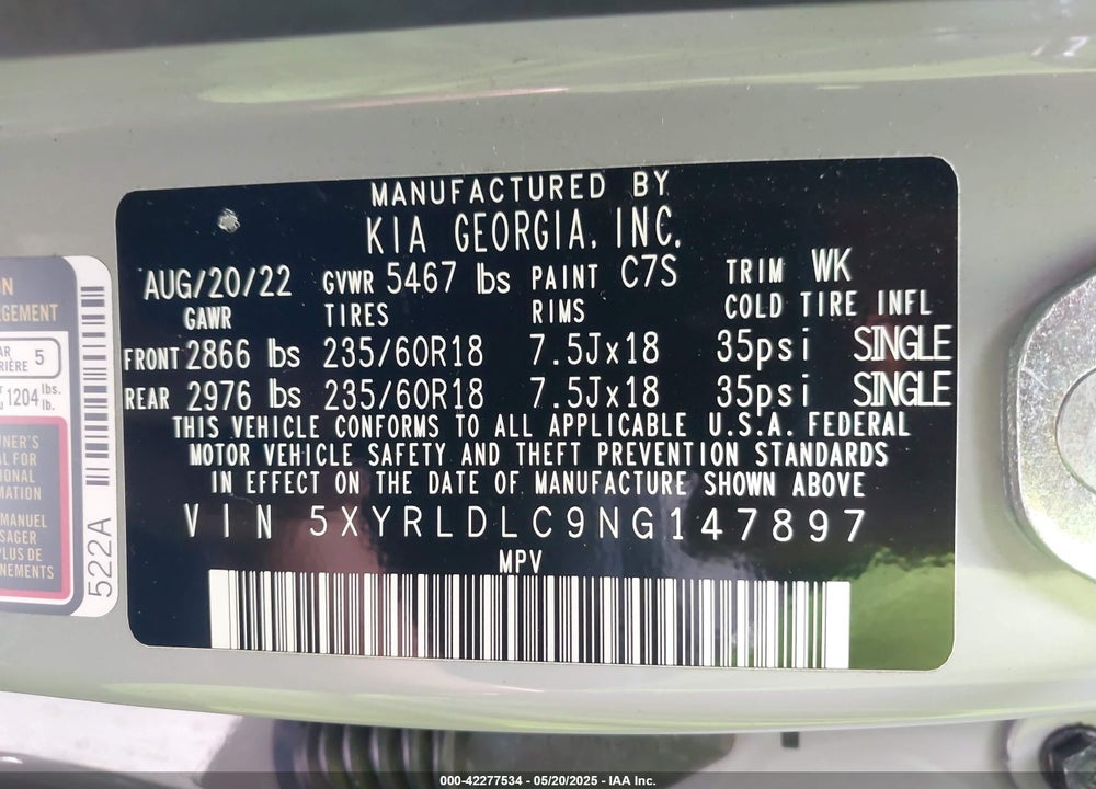 2022 KIA SORENTO X-LINE S VIN: 5XYRLDLC9NG147897