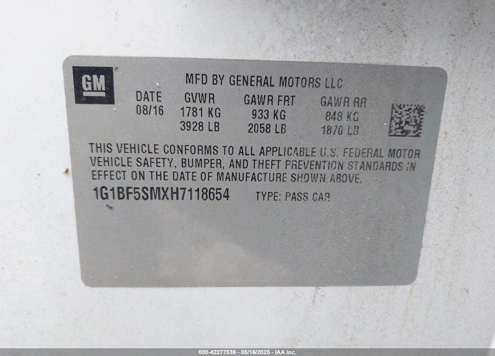2017 CHEVROLET CRUZE VIN: 1G1BF5SMXH7118654