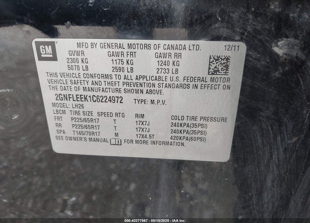 2012 CHEVROLET EQUINOX 1LT VIN: 2GNFLEEK1C6224972