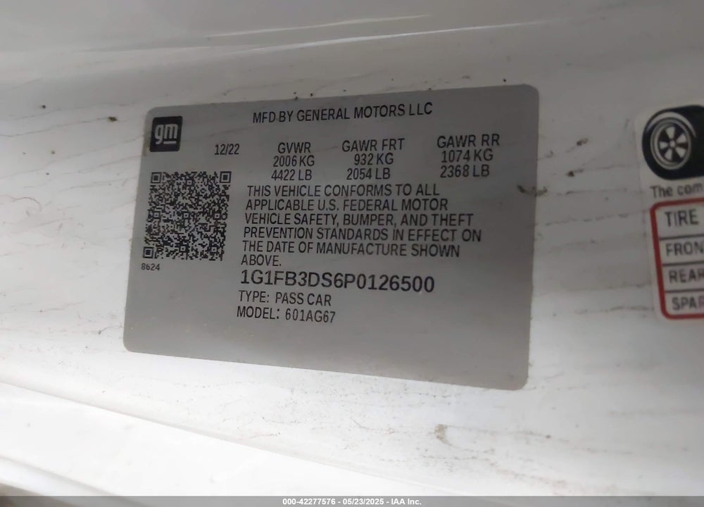 2023 CHEVROLET CAMARO VIN: 1G1FB3DS6P0126500