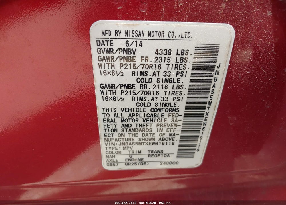 2014 NISSAN ROGUE SELECT VIN: JN8AS5MTXEW619116