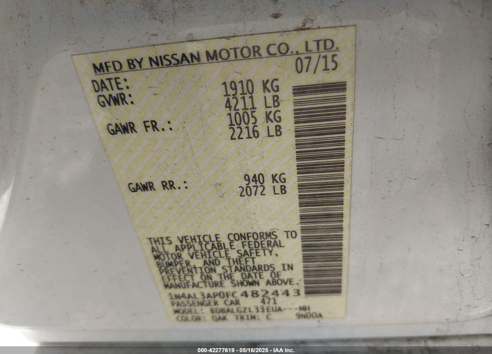 2015 NISSAN ALTIMA VIN: 1N4AL3AP0FC482443