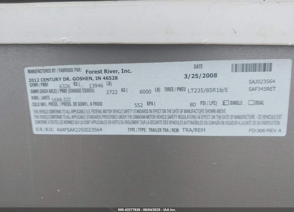 2008 FOREST RIVER SANDPIP 345 RET VIN: 4X4FSAK299J023564