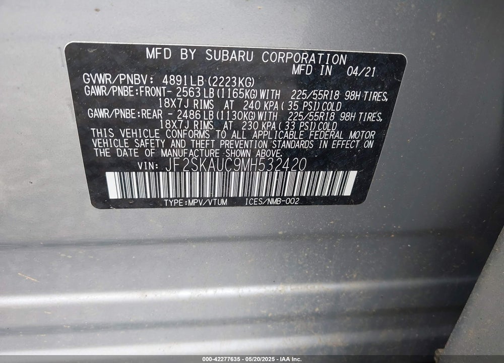 2021 SUBARU FORESTER VIN: JF2SKAUC9MH532420