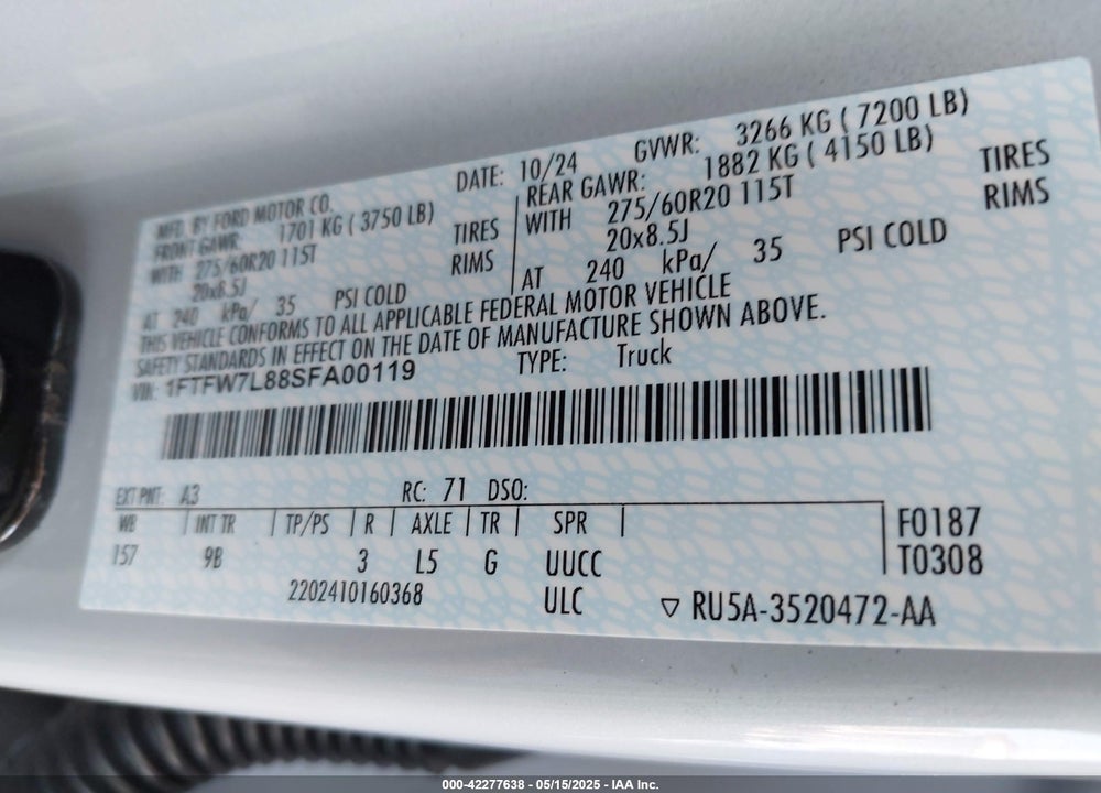 2025 FORD F-150 PLATINUM VIN: 1FTFW7L88SFA00119