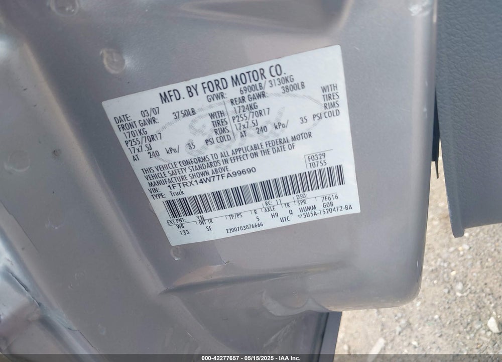 2007 FORD F-150 VIN: 1FTRX14W77FA99690