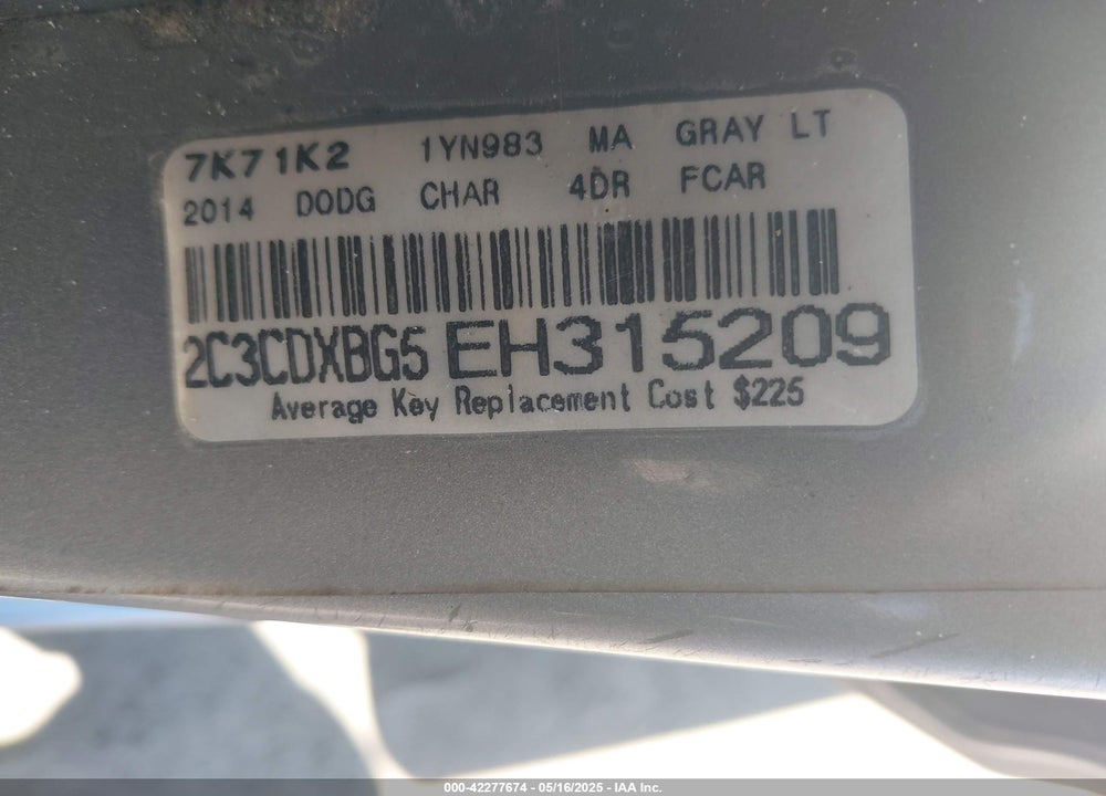 2014 DODGE CHARGER SE VIN: 2C3CDXBG5EH315209