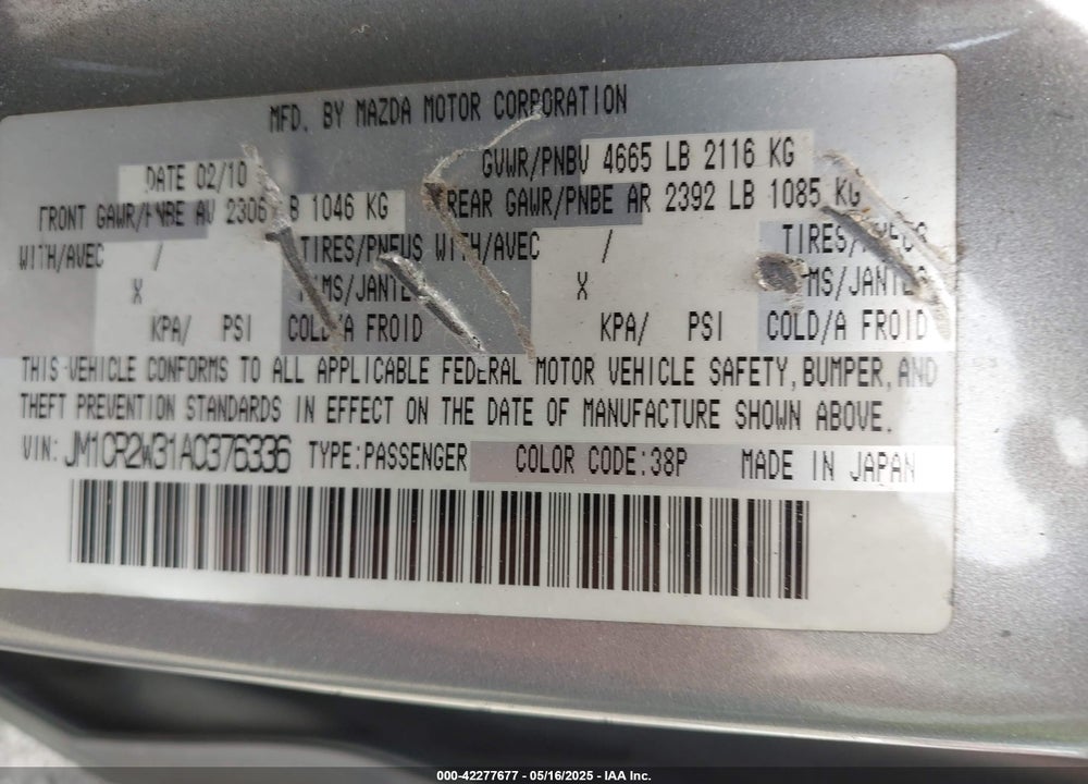 2010 MAZDA MAZDA5 VIN: JM1CR2W31A0376336