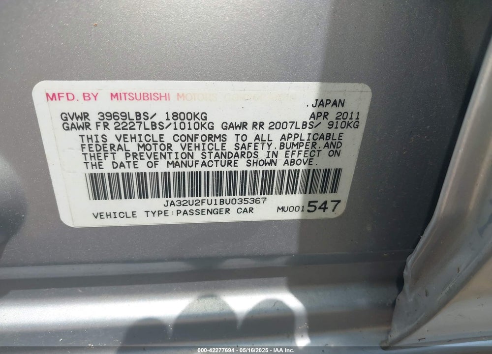 2011 MITSUBISHI LANCER ES VIN: JA32U2FU1BU035367
