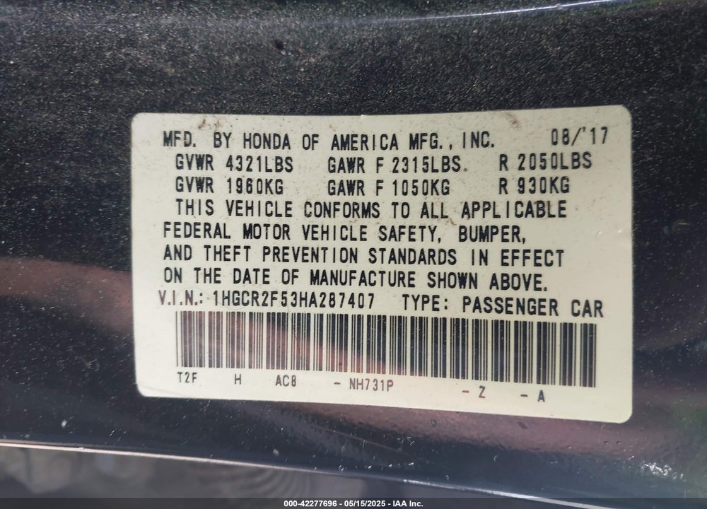 2017 HONDA ACCORD SPORT VIN: 1HGCR2F53HA287407