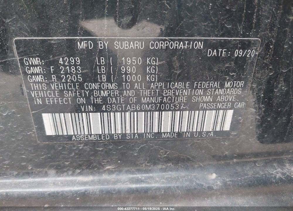 2021 SUBARU IMPREZA VIN: 4S3GTAB60M3700537