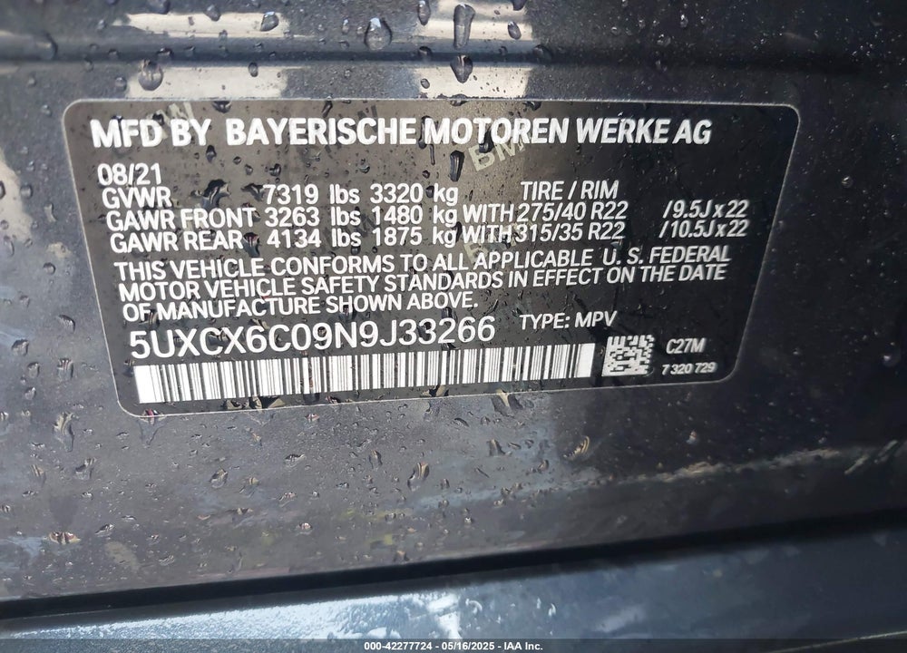2022 BMW X7 M50I VIN: 5UXCX6C09N9J33266