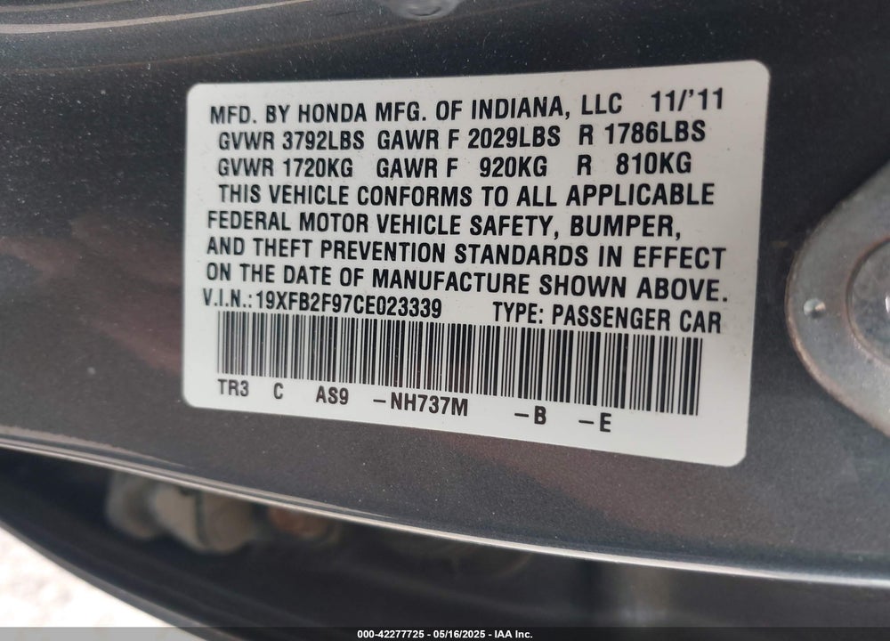 2012 HONDA CIVIC VIN: 19XFB2F97CE023339