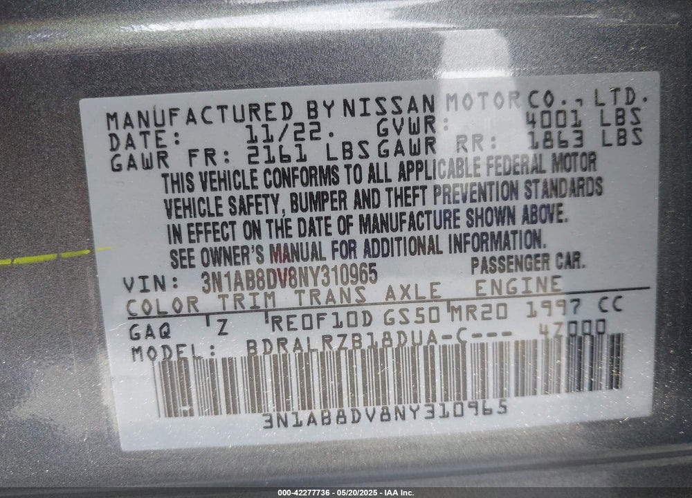 2022 NISSAN SENTRA VIN: 3N1AB8DV8NY310965