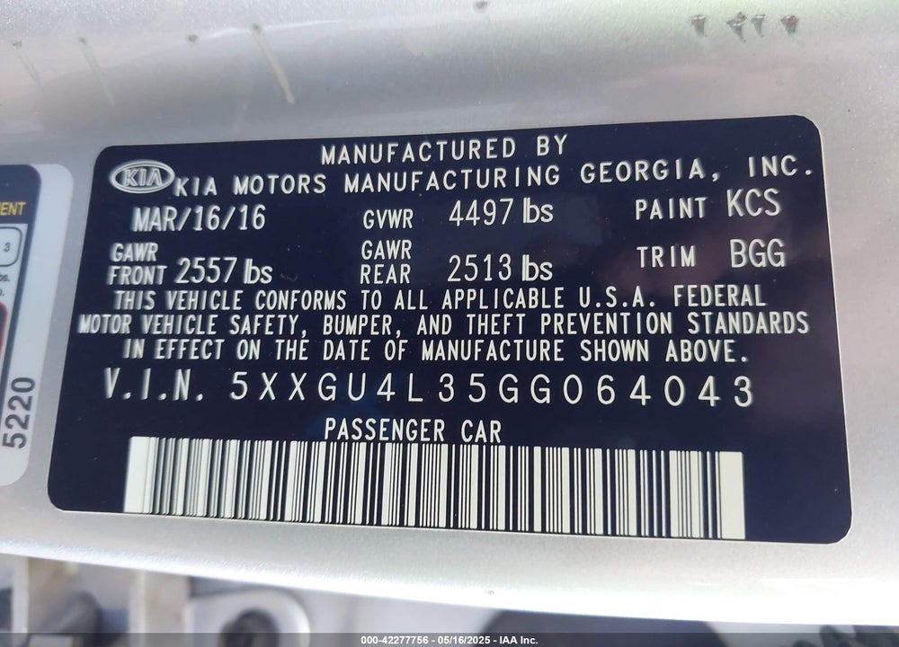 2016 KIA OPTIMA EX VIN: 5XXGU4L35GG064043