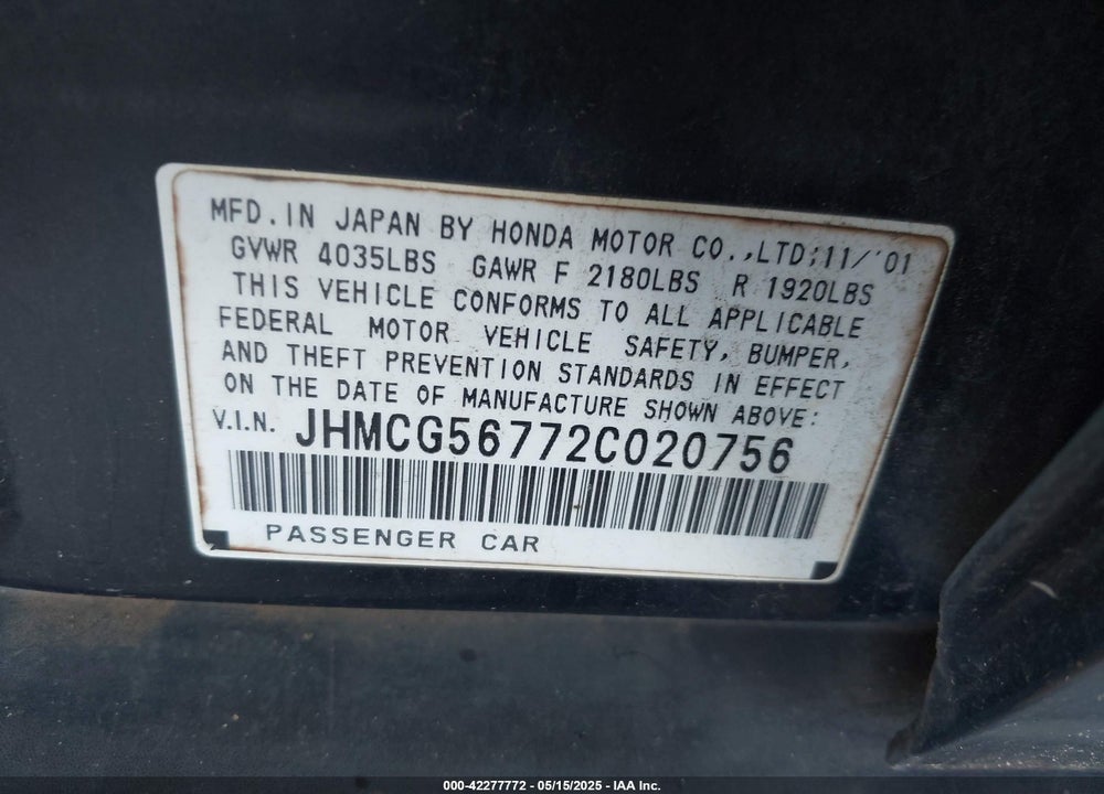 2002 HONDA ACCORD 2.3 SE VIN: JHMCG56772C020756
