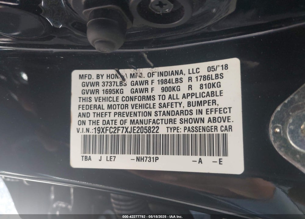 2018 HONDA CIVIC VIN: 19XFC2F7XJE205822