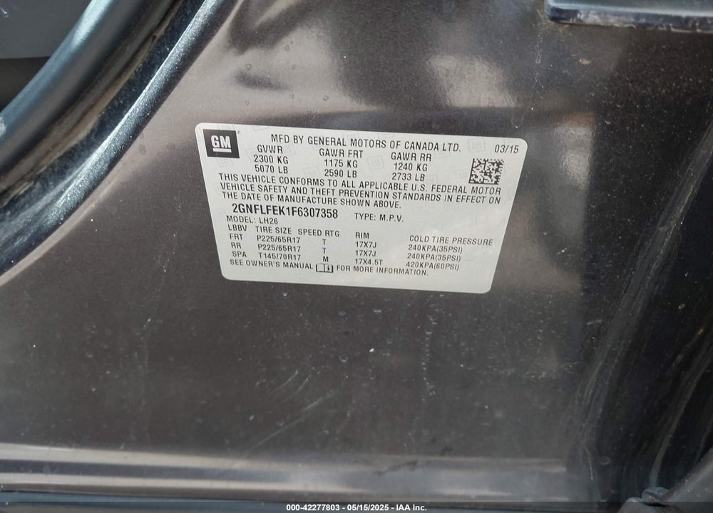 2015 CHEVROLET EQUINOX VIN: 2GNFLFEK1F6307358