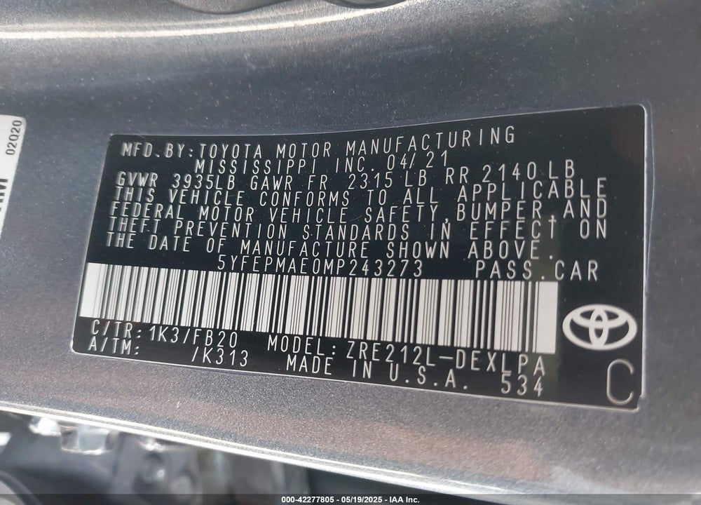 2021 TOYOTA COROLLA VIN: 5YFEPMAE0MP243273