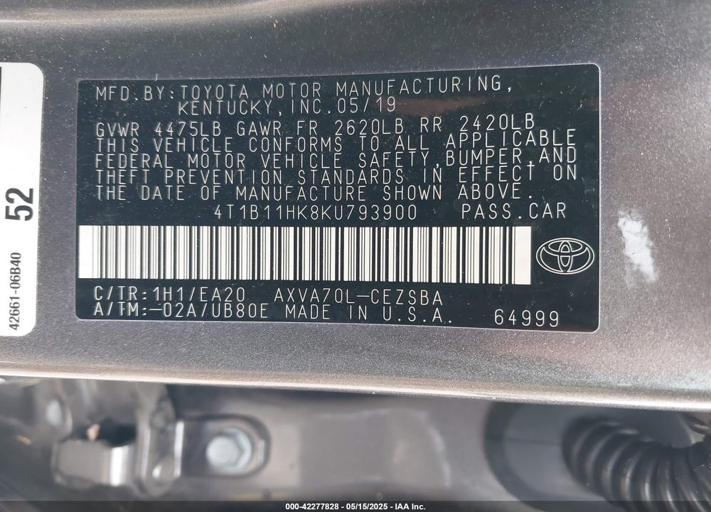 2019 TOYOTA CAMRY SE VIN: 4T1B11HK8KU793900