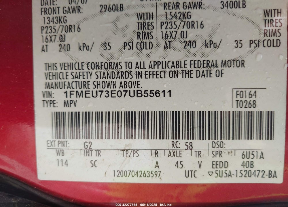 2007 FORD EXPLORER XLT VIN: 1FMEU73E07UB55611