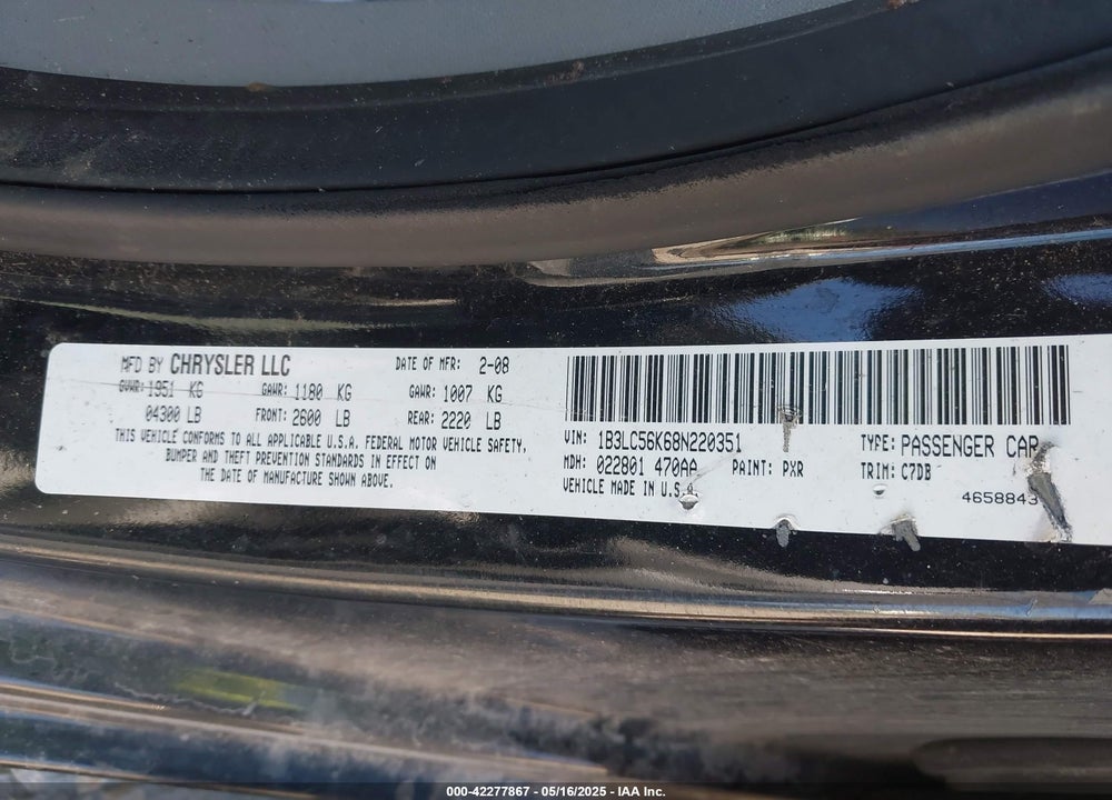 2008 DODGE AVENGER VIN: 1B3LC56K68N220351