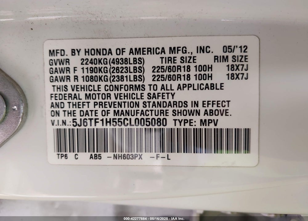 2012 HONDA CROSSTOUR EX-L VIN: 5J6TF1H55CL005080