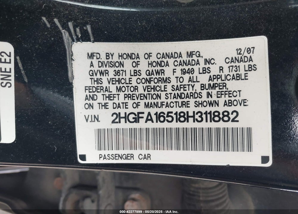 2008 HONDA CIVIC LX VIN: 2HGFA16518H311882