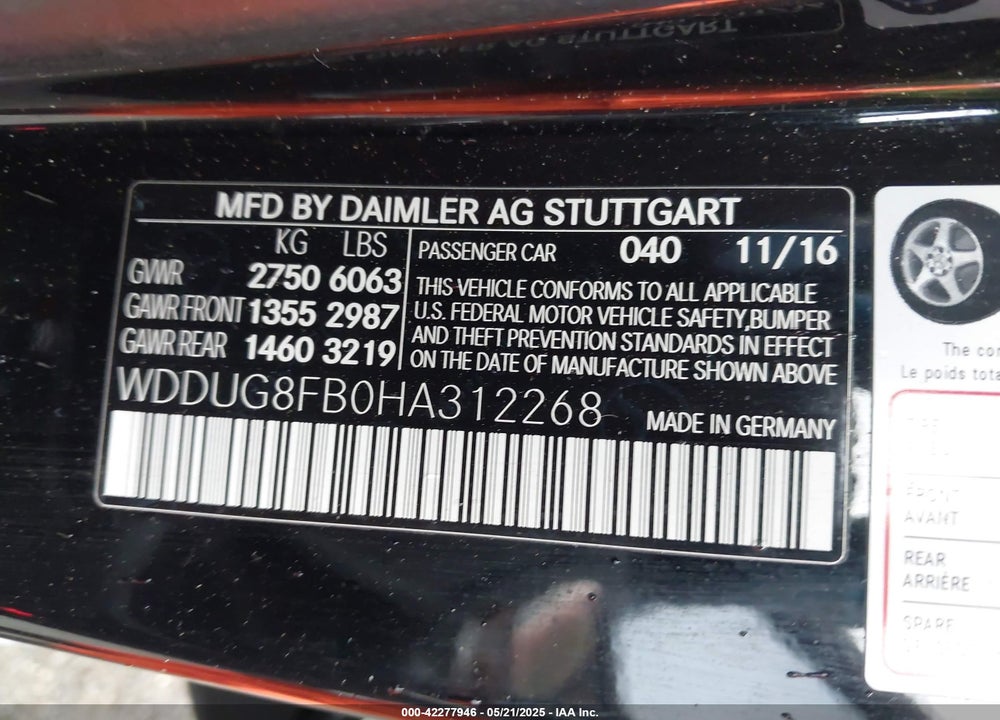 2017 MERCEDES-BENZ S CLASS VIN: WDDUG8FB0HA312268