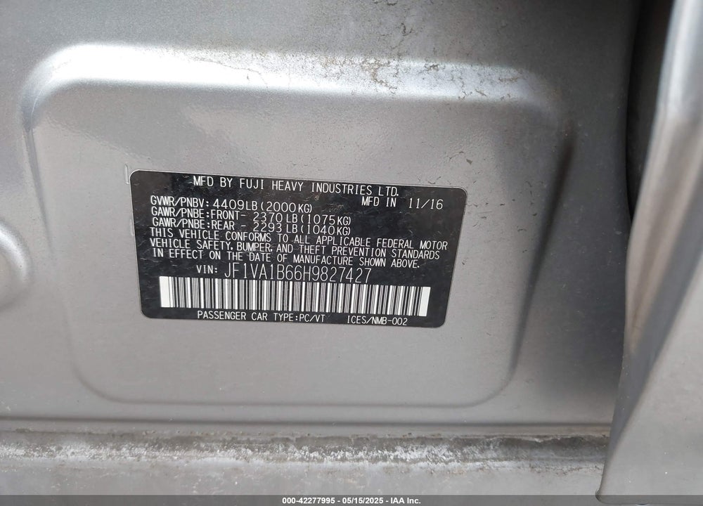 2017 SUBARU WRX VIN: JF1VA1B66H9827427