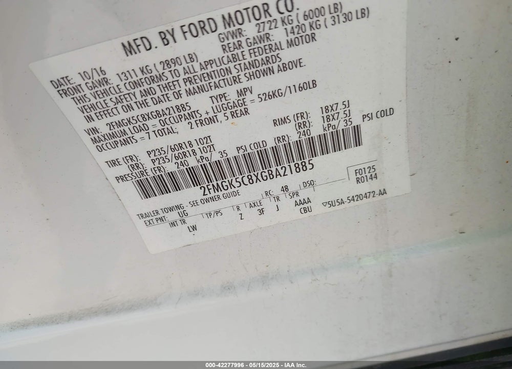 2016 FORD FLEX SEL VIN: 2FMGK5C8XGBA21885