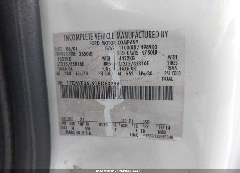 2001 FORD F-350 XL/XLT VIN: 1FDWF36L91ED60394